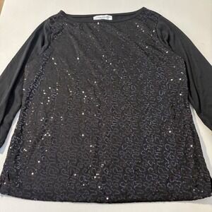 Sag Harbor Petite Sequin‎ Top Long Sleeve Black Party Blouse